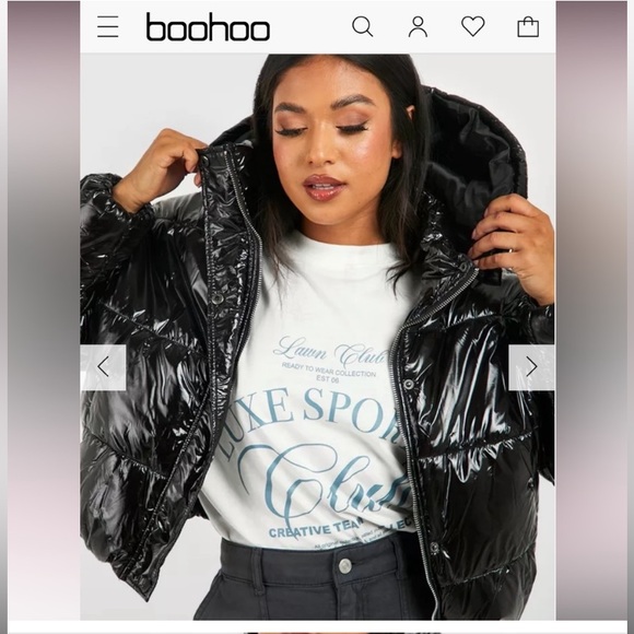 NWT Boohoo Cropped Shiny Puffer Bomber Coat Black - Size 4 Petite - Picture 3 of 13